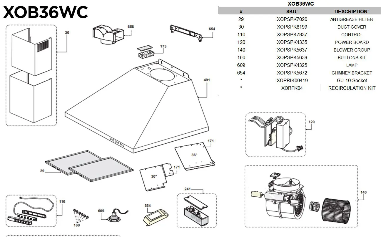 XOB36WC: Exploded view & parts breakdown, clickable parts diagram