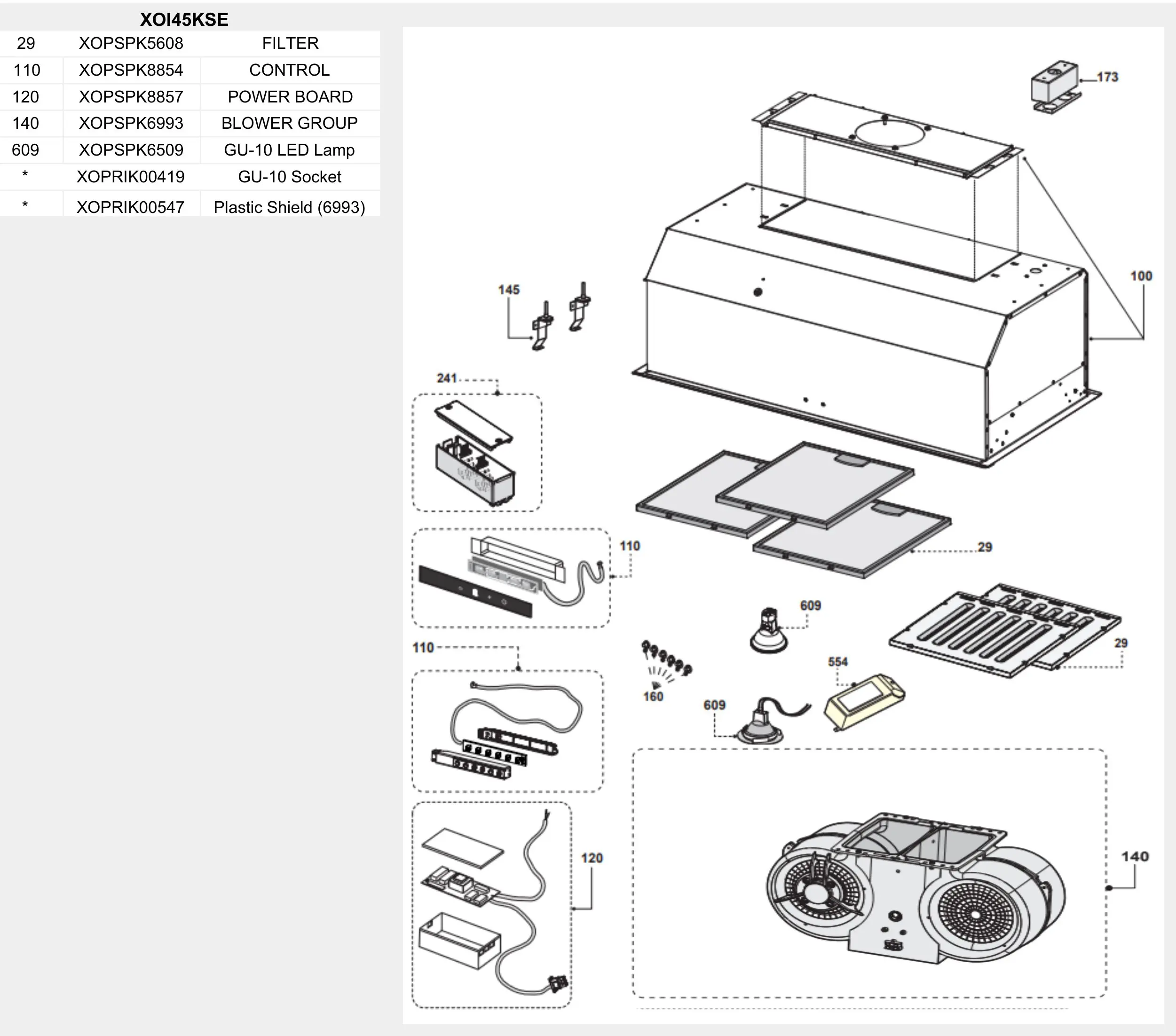 XOI45KSE: XOI45KSE, Exploded diagram & numbered parts list, clickable parts diagram