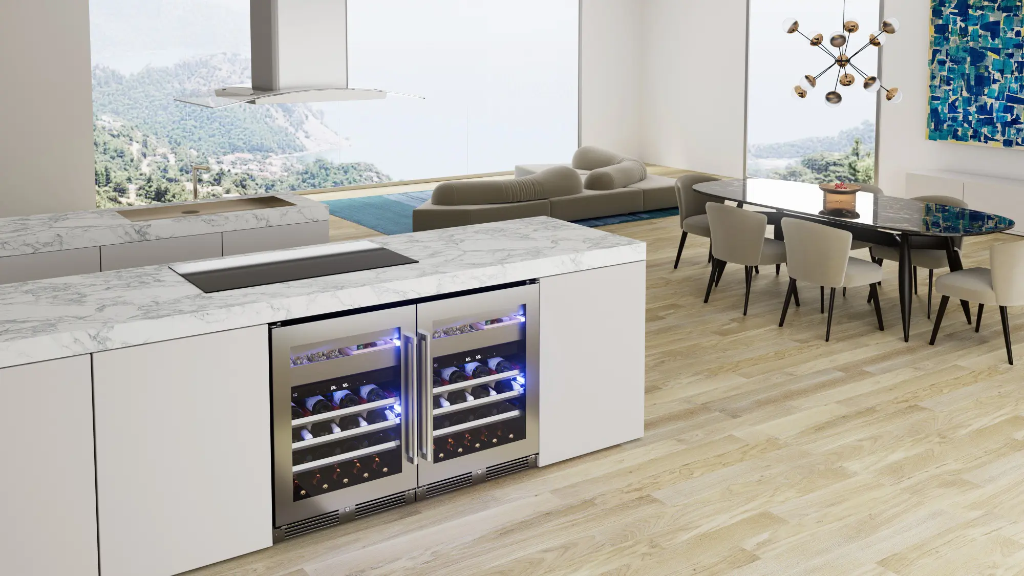 Wine and Weed preservation systems installed side by side in a bright kitchen island