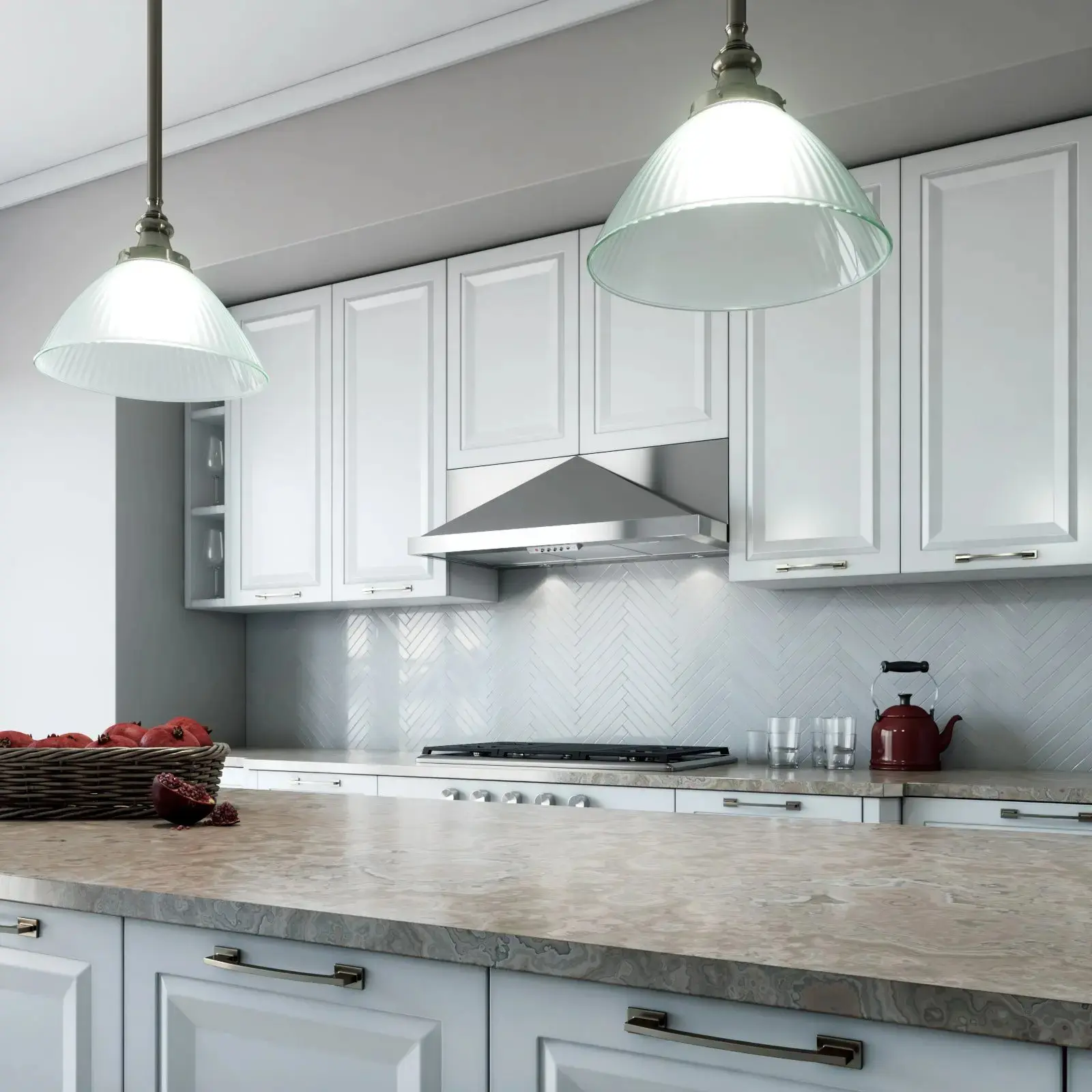 XO under-cabinet hood in a white kitchen with pendant lights