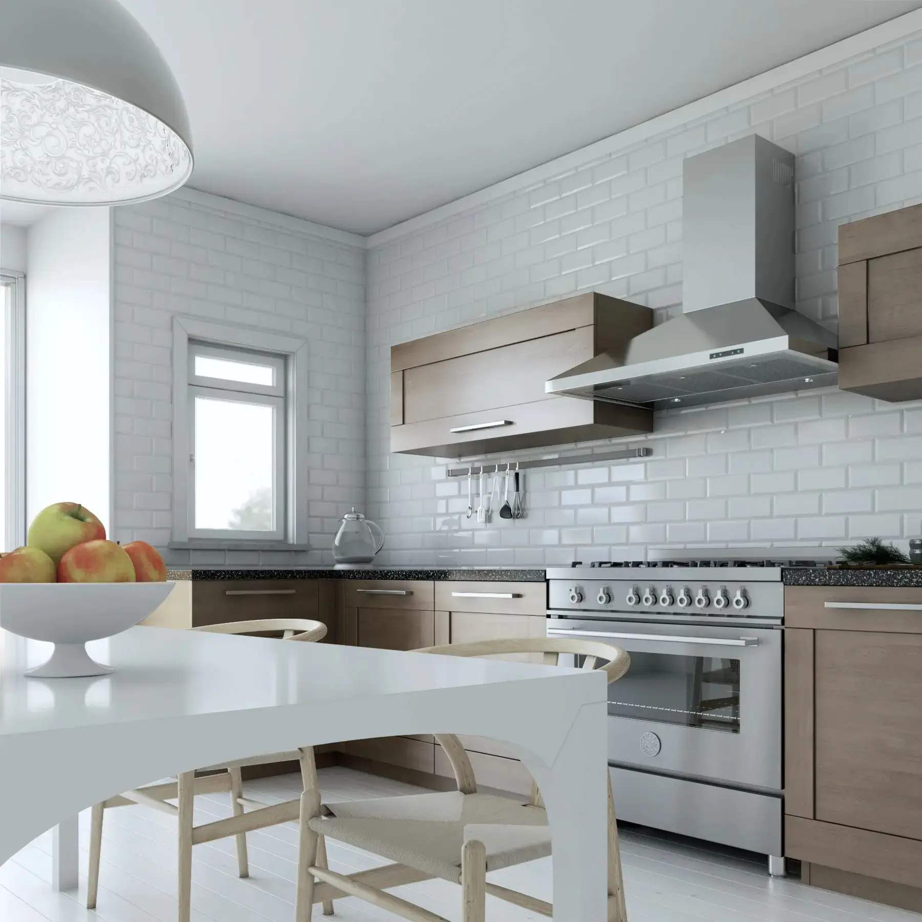 XO stainless steel chimney hood in a bright kitchen with wood cabinetry