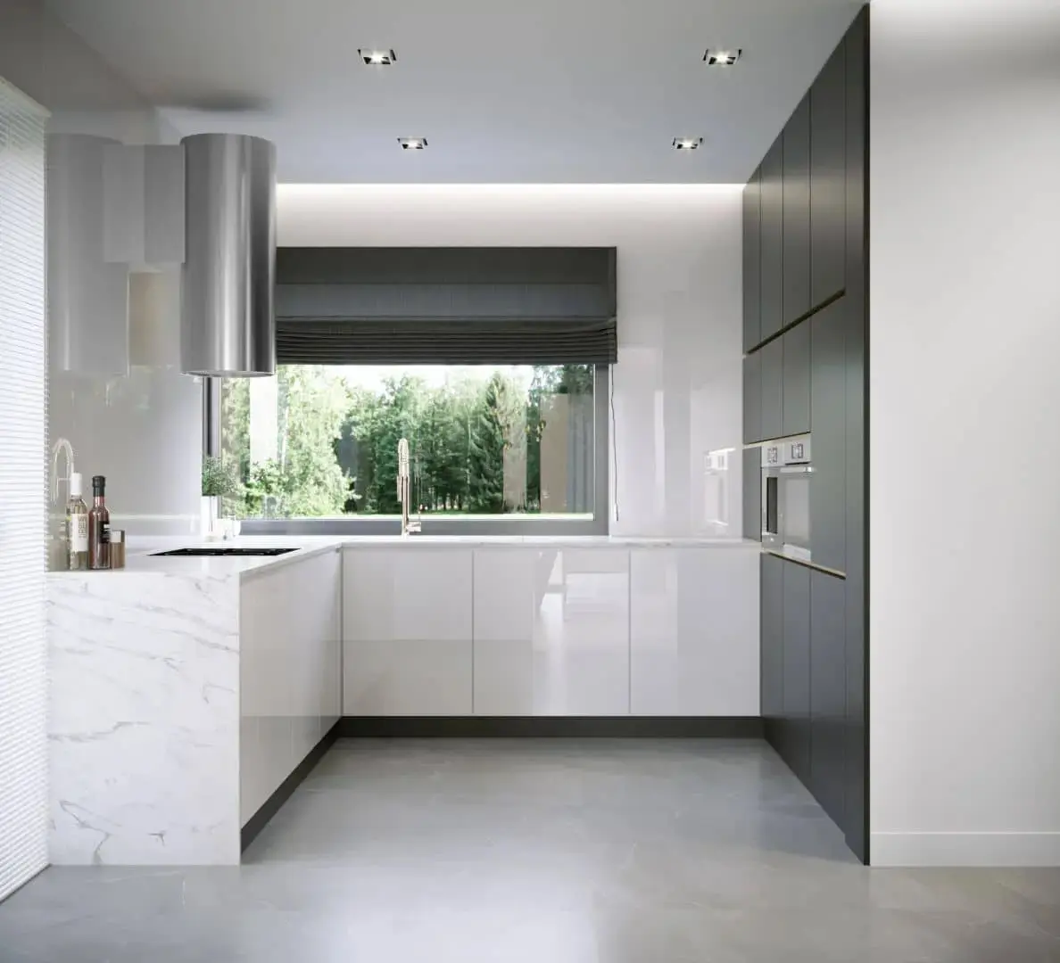 XO cylindrical hood in a minimalist white kitchen
