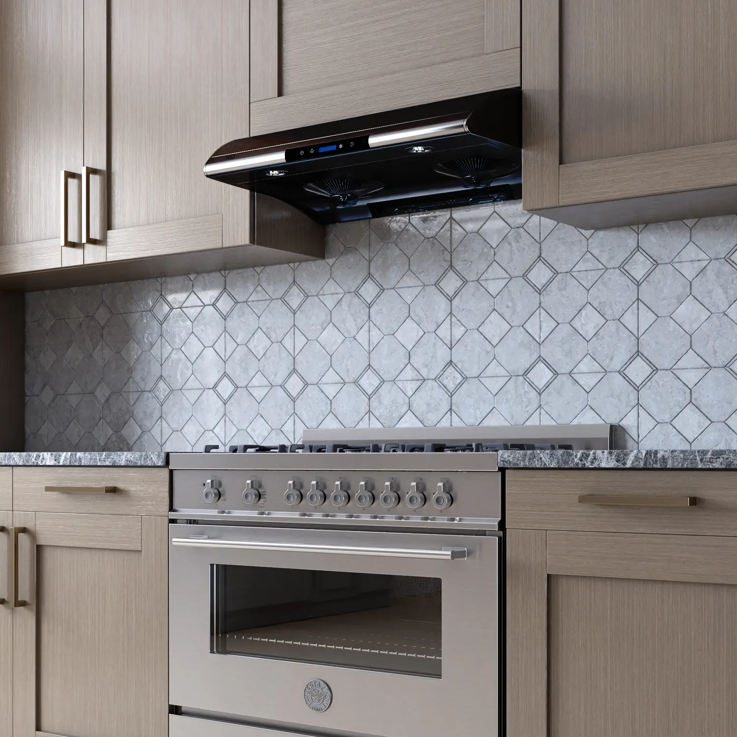 Black under-cabinet hood beneath wood cabinetry