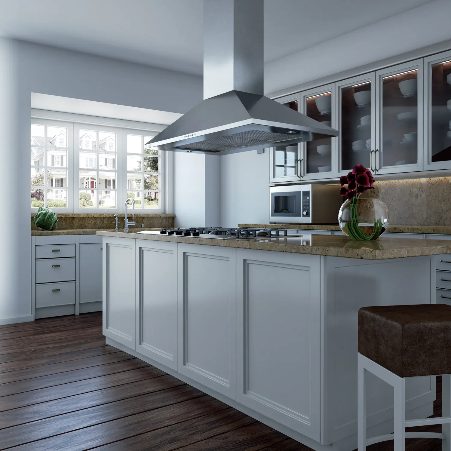 XO island hood above a finished kitchen island