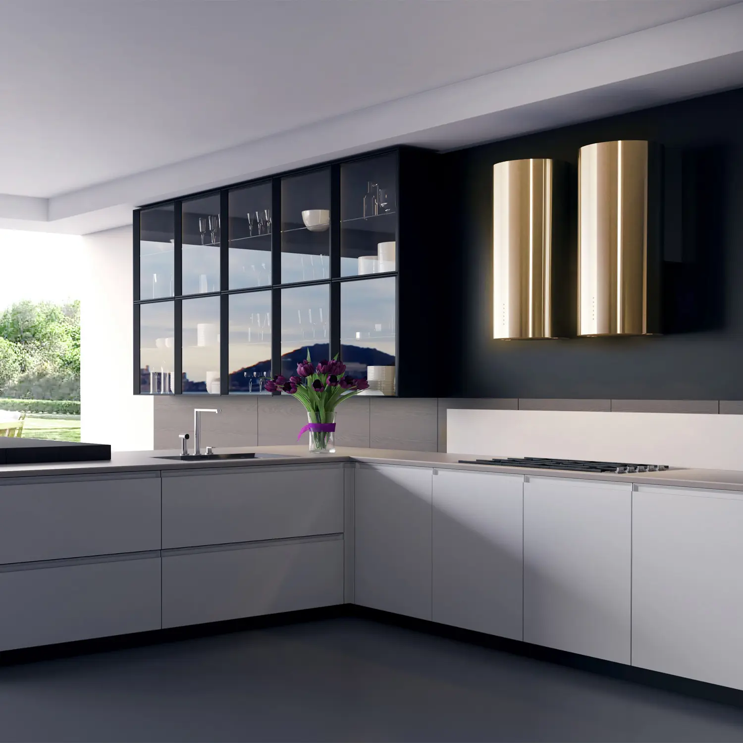 Twin gold cylindrical XO hoods in a contemporary dark kitchen