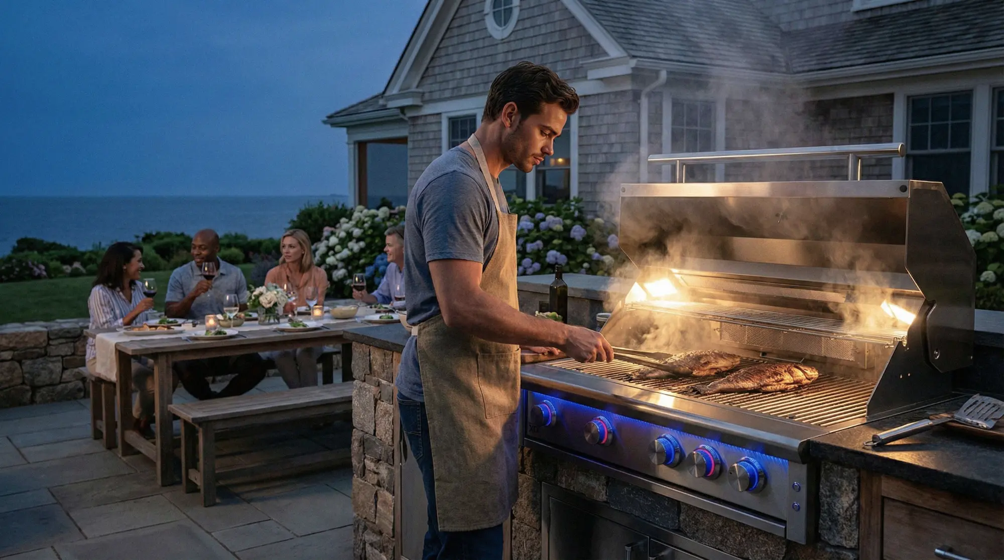 Cooking on an XO Performance XLT grill while friends gather for dinner by the coast