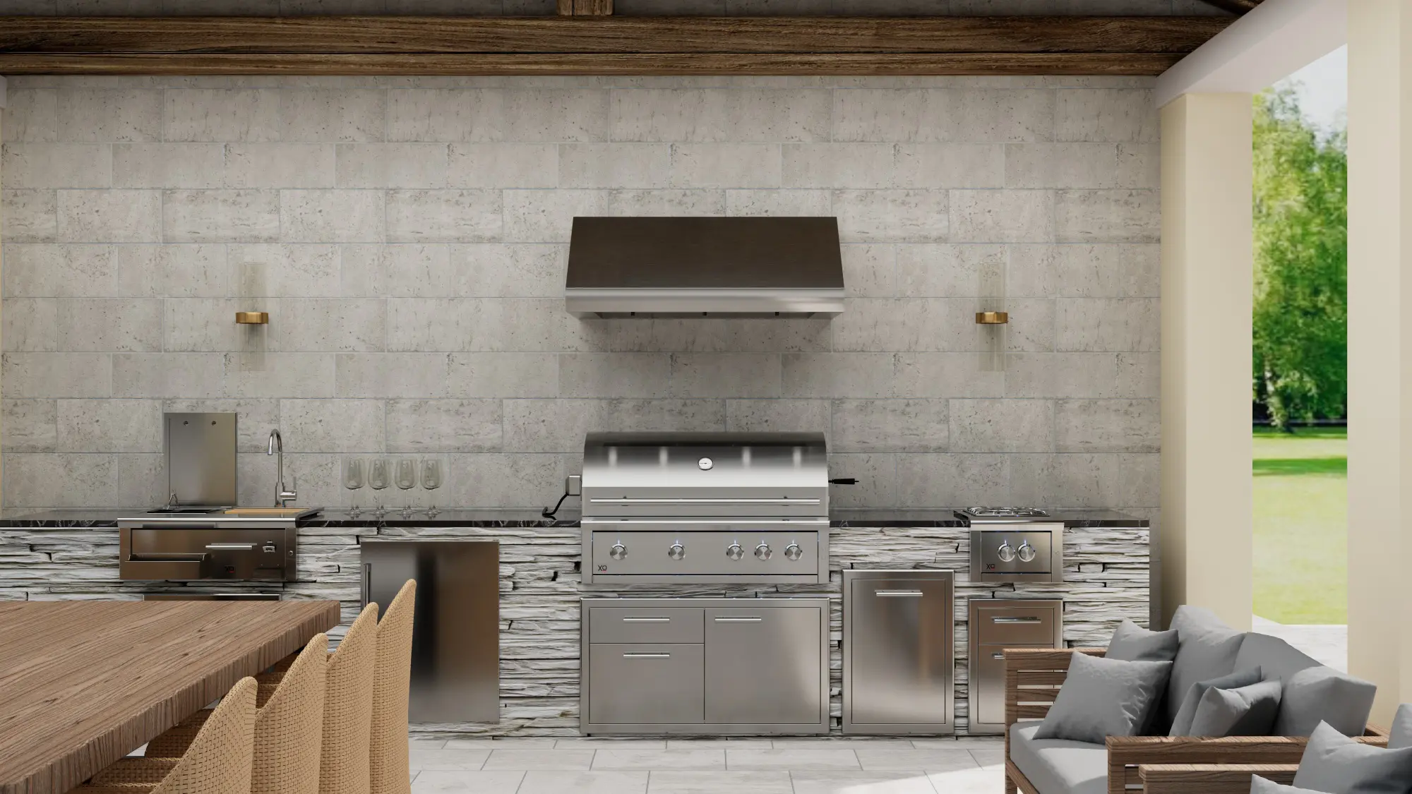 XO outdoor cooking hood and grill in a complete covered outdoor kitchen