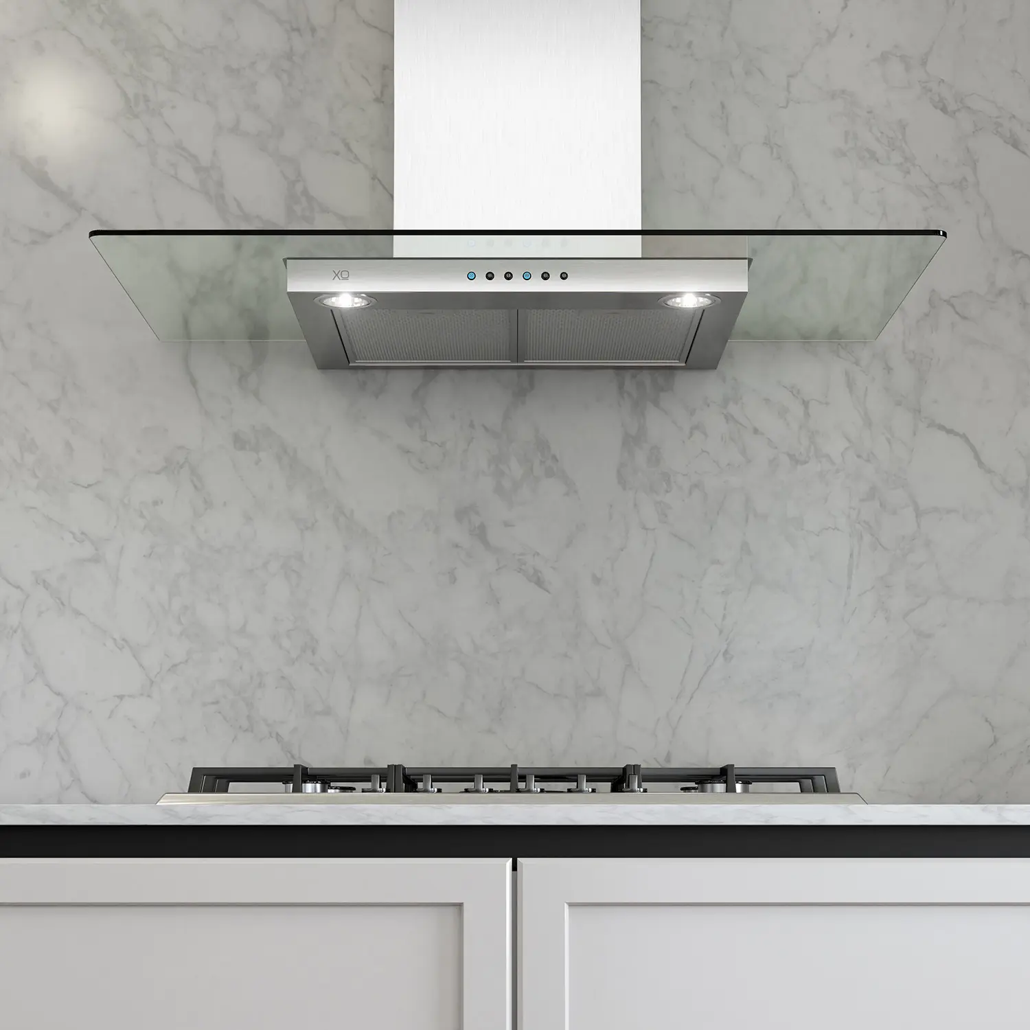 XO glass canopy hood against a white marble backsplash