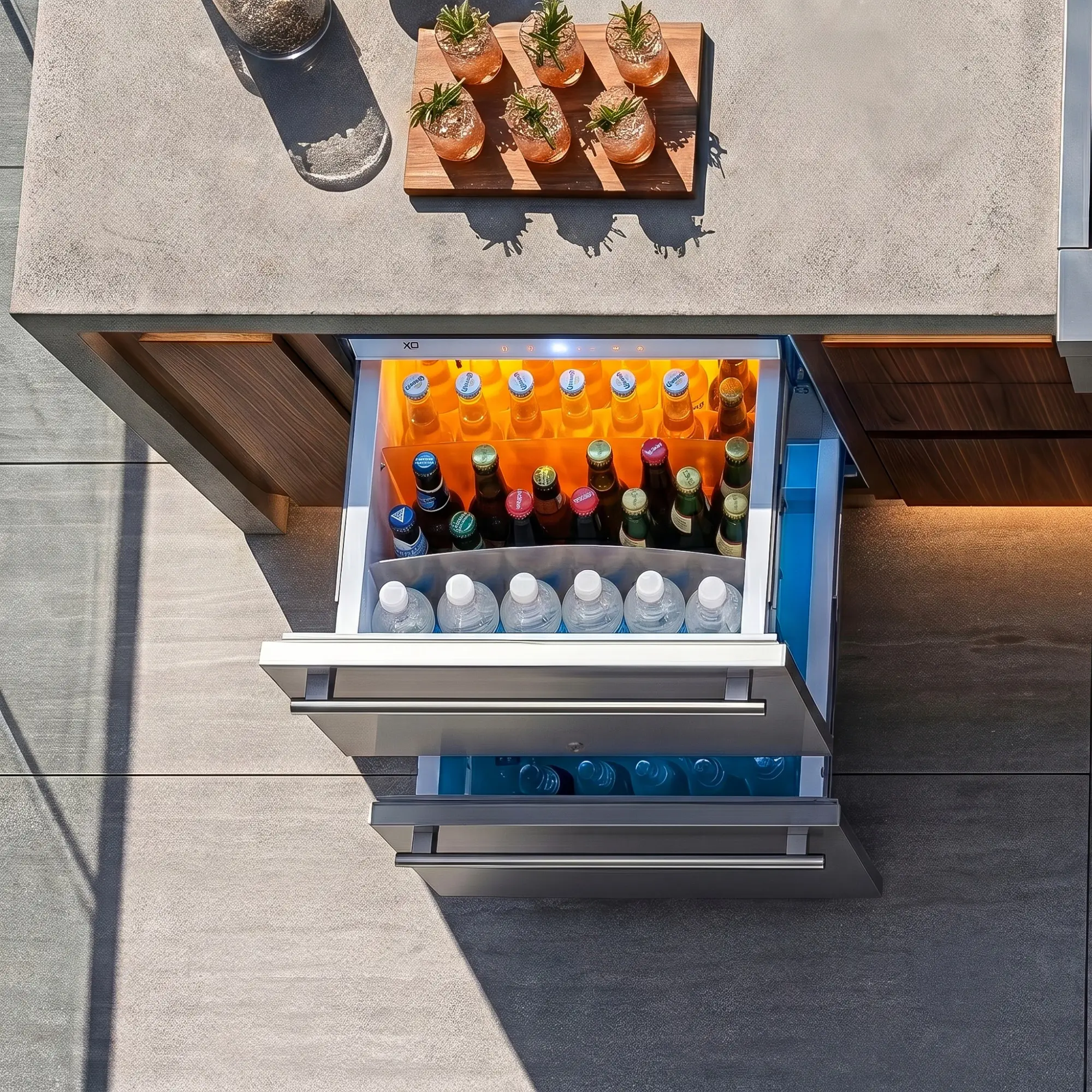 Overhead view of open XO outdoor refrigerated drawers