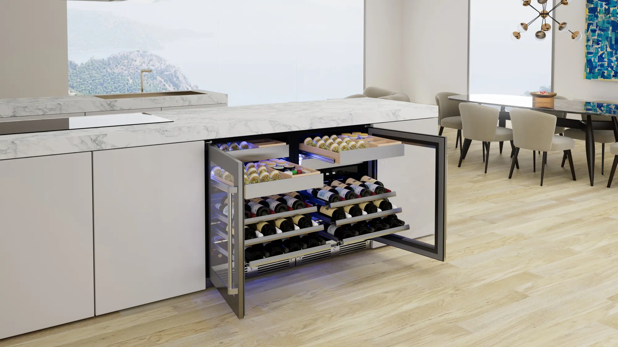 Open XO Wine and Weed refrigerator in a modern white kitchen