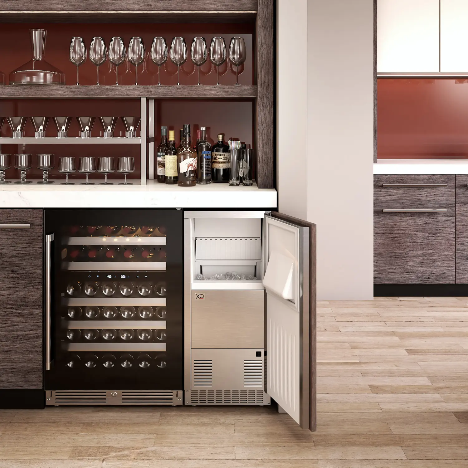 XO panel-ready gourmet ice maker open beneath a home bar