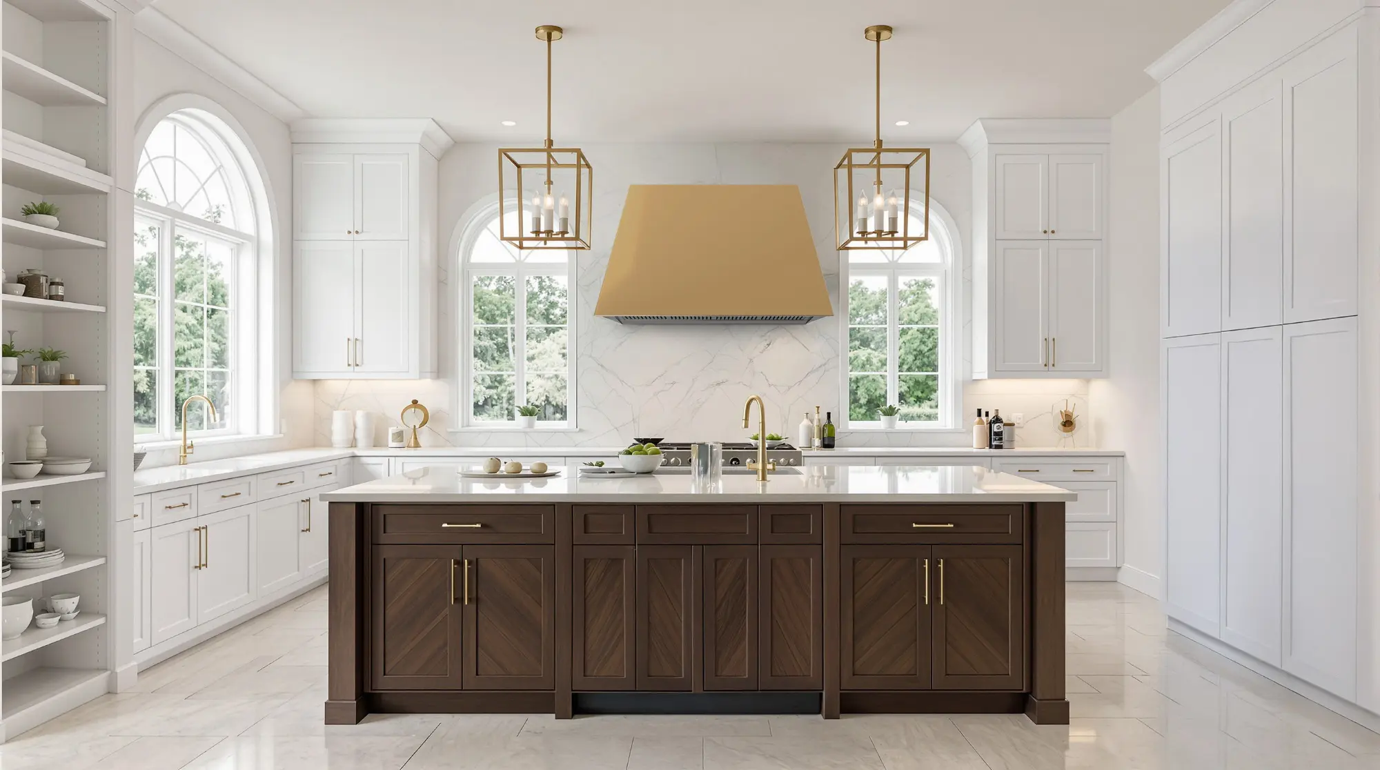 XO gold designer hood in a bright white kitchen with a dark wood island