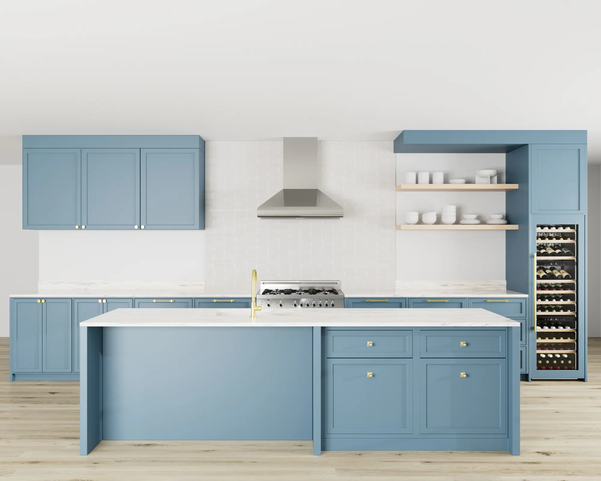 XO stainless steel chimney hood in a blue kitchen