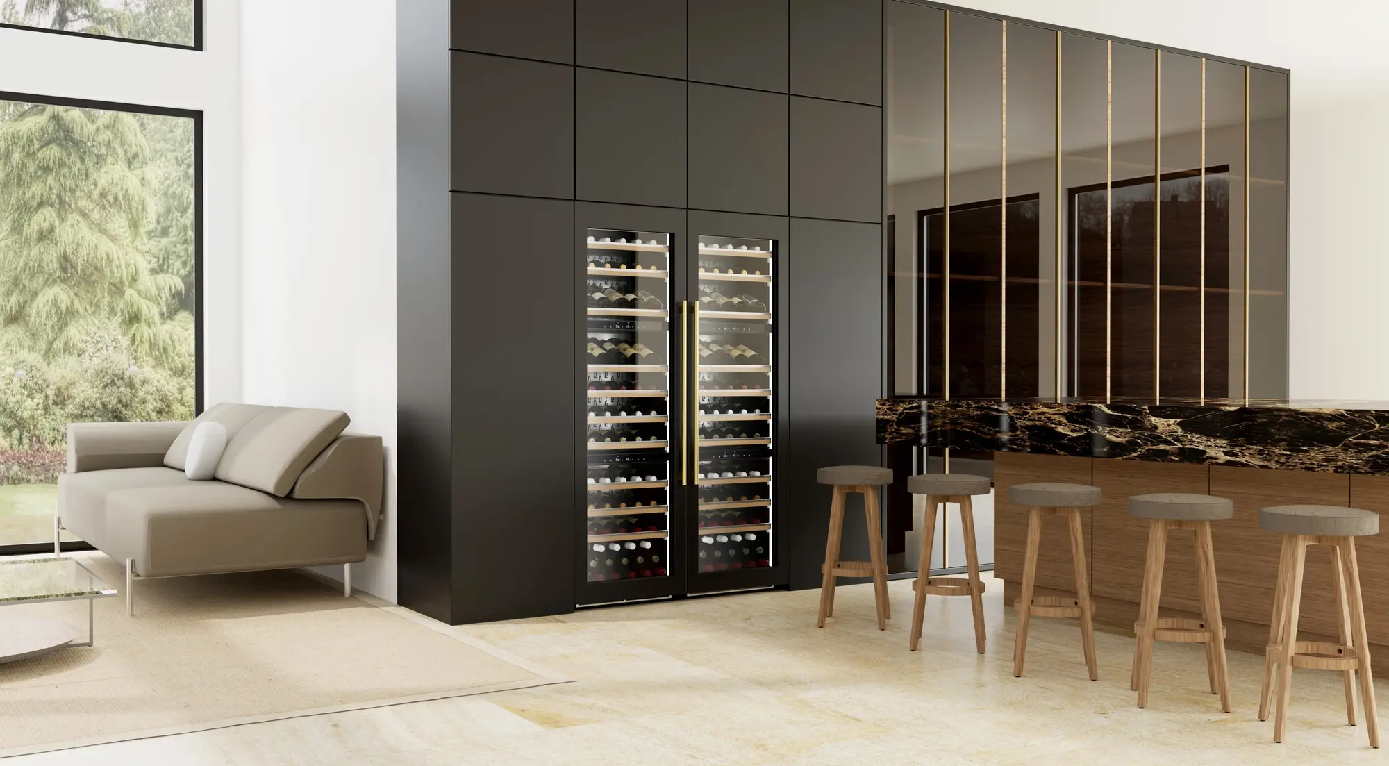 Tall XO wine columns integrated into modern dark cabinetry