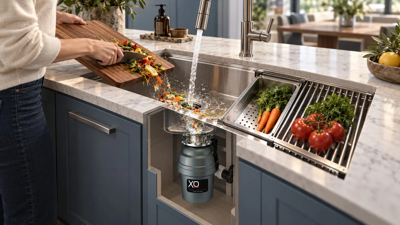 Kitchen cleanup with an XO disposal visible beneath the sink in a cutaway view