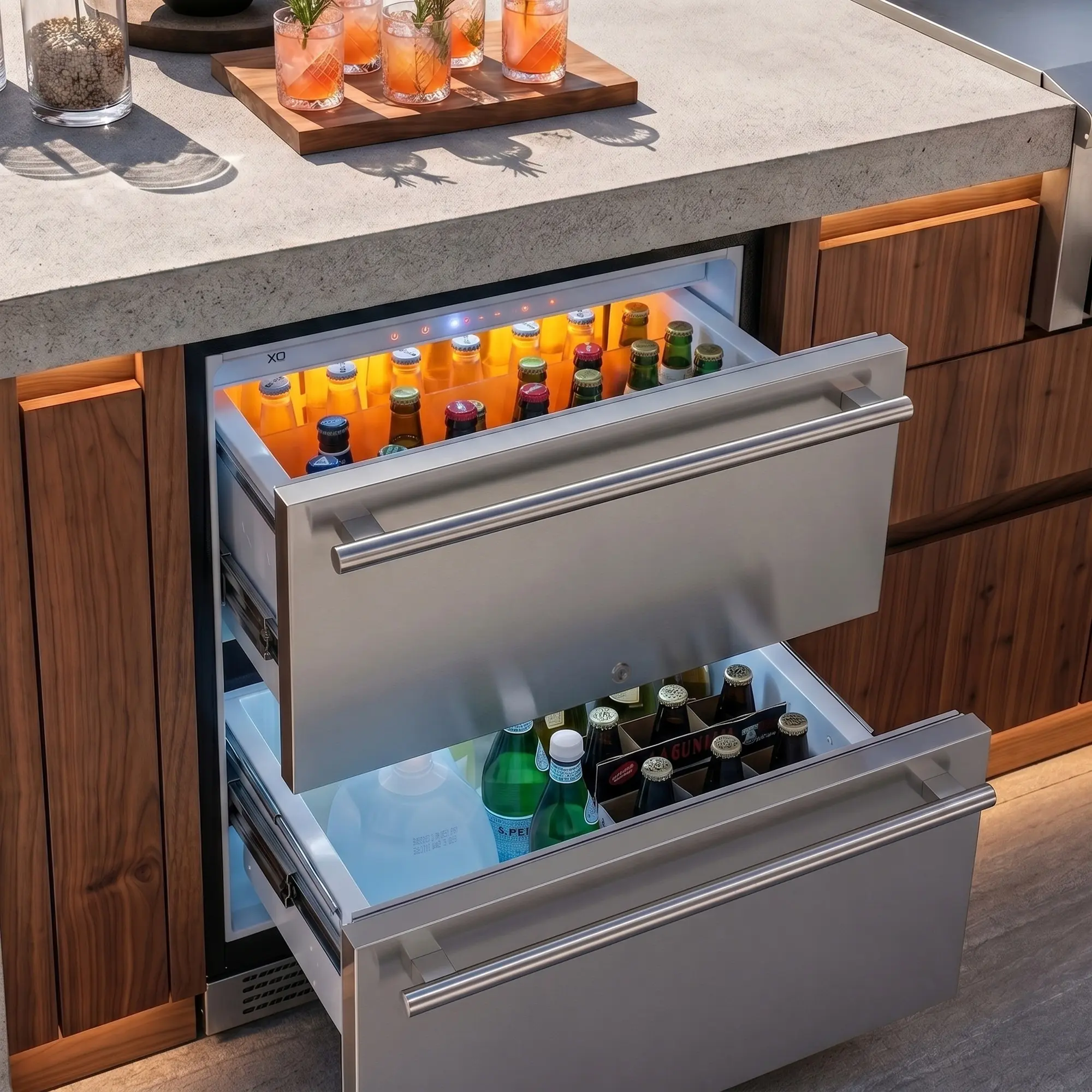 Open XO refrigerated drawers filled with drinks in a wood outdoor kitchen