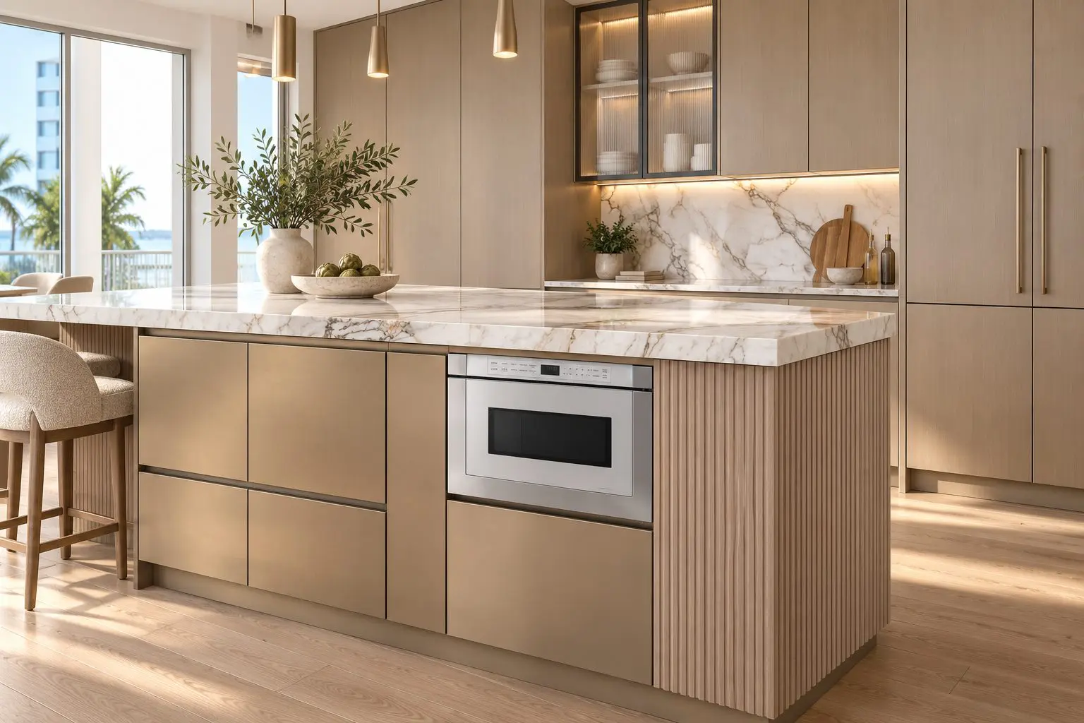 XO microwave drawer in a kitchen with gold cabinetry and marble counters