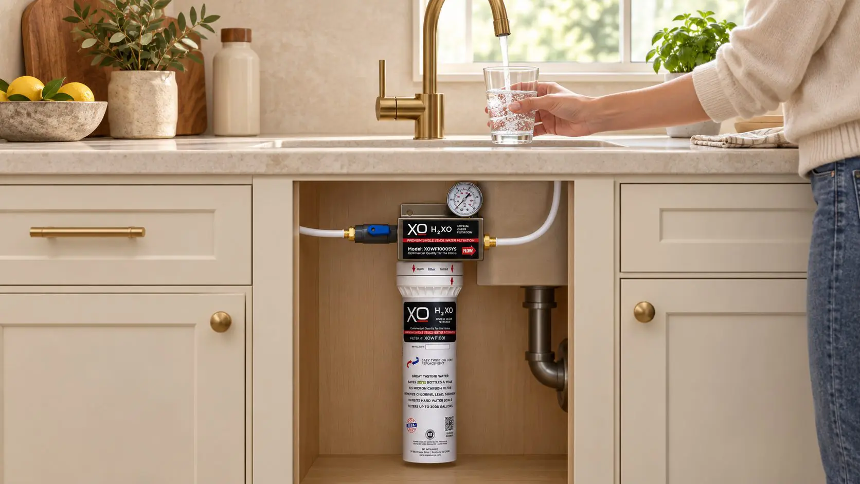 A glass being filled at a kitchen sink, with an XO water filter visible beneath in a cutaway view