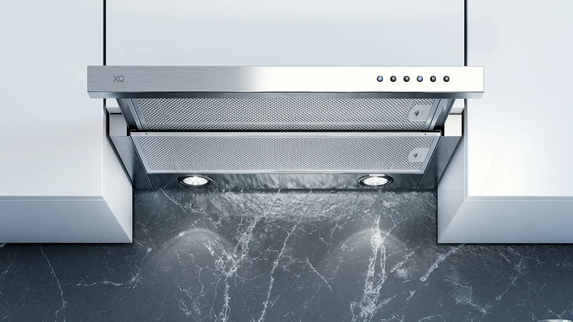 XO glide-out visor hood extended beneath cabinetry