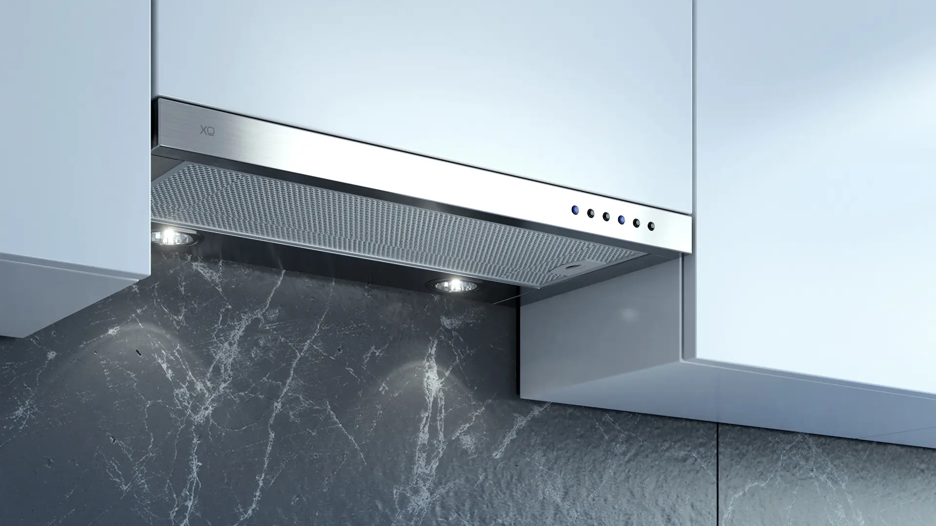 XO glide-out visor hood closed beneath cabinetry