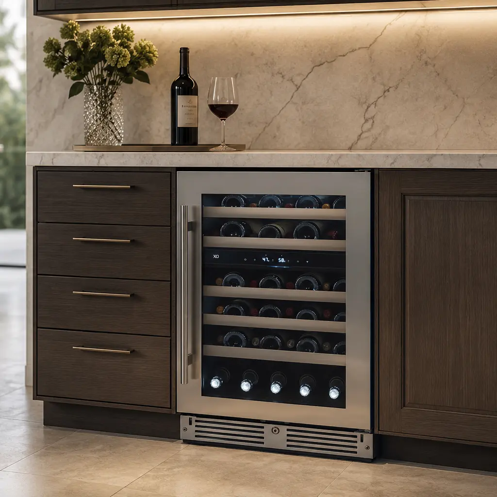 XO dual-zone wine cooler beneath a home bar