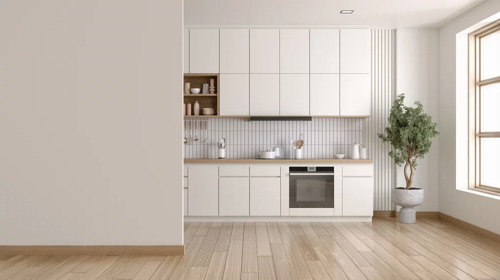 white-wall-foreground-kitchen-room-interior A modern kitchen with a ductless range.