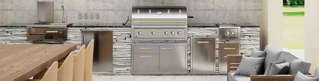 XO outdoor kitchen with gold accents on the grill and cabinet handles