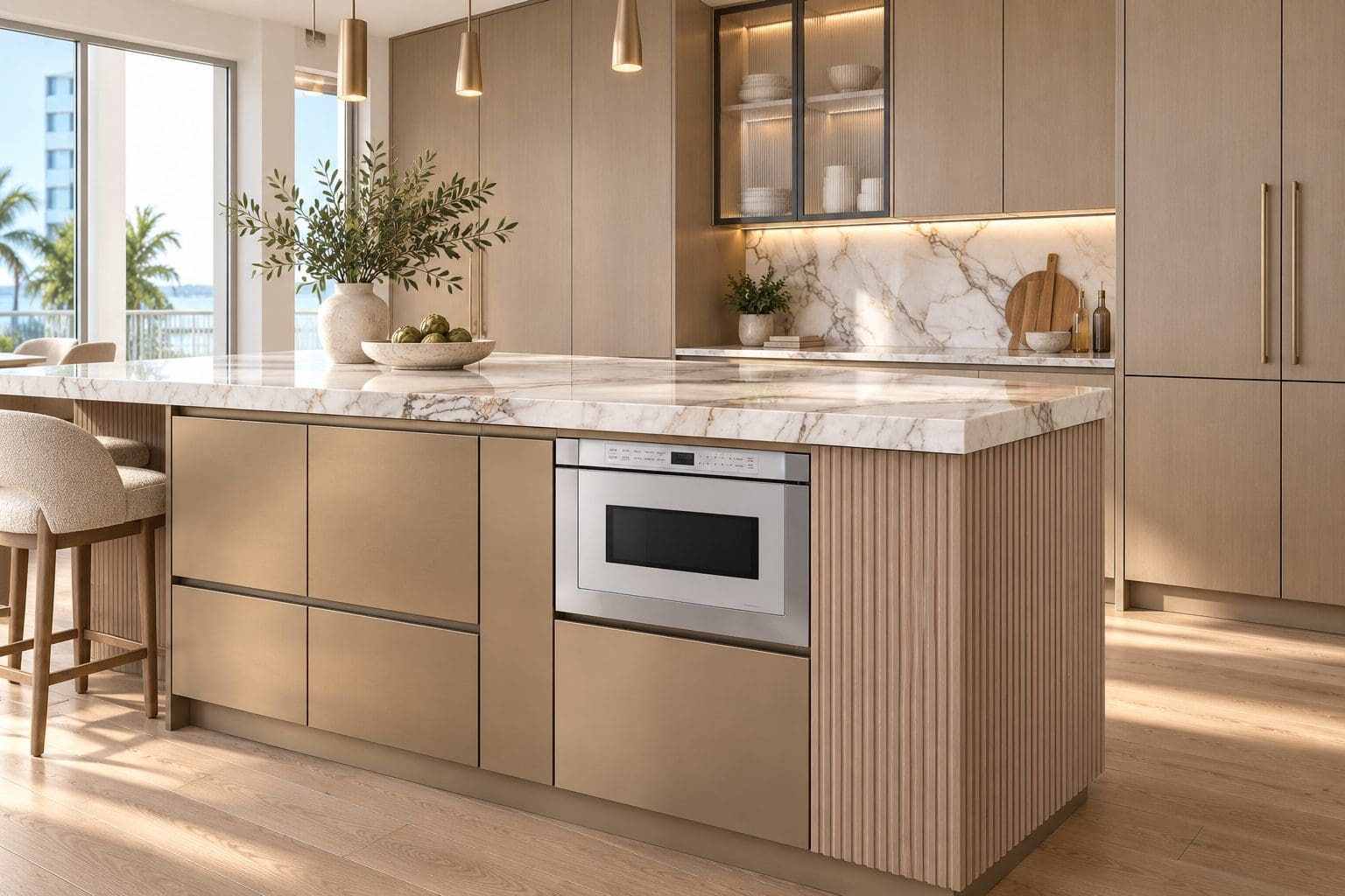 XO microwave drawer installed in a kitchen island with a marble countertop